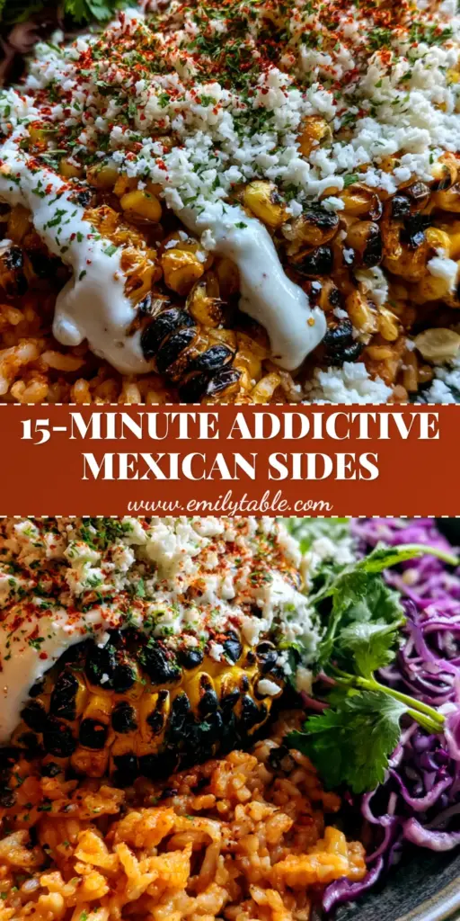 A vertical macro shot of a vibrant Mexican food spread with tomato rice and charred corn in a charcoal bowl. (Mexican side dishes)