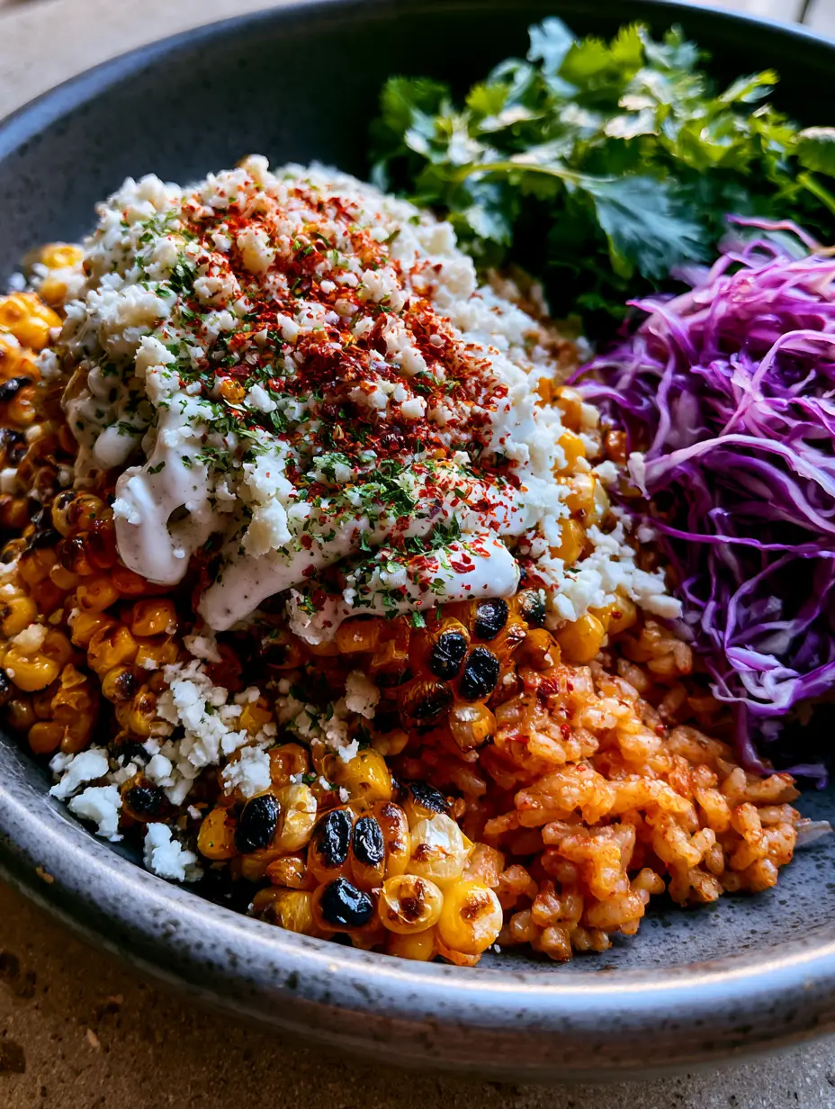 Close up of charred sweet corn kernels with lime crema and cotija cheese on red rice. (Mexican side dishes)