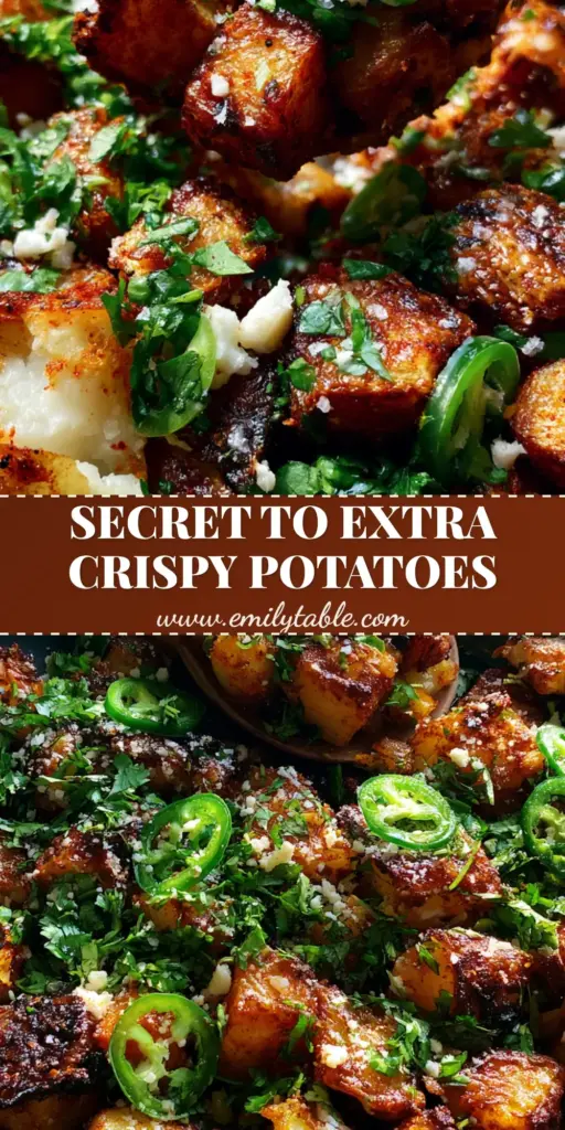 A rustic black bowl filled with extra crispy Mexican Potatoes, garnished with queso fresco, cilantro, and jalapeno rings.