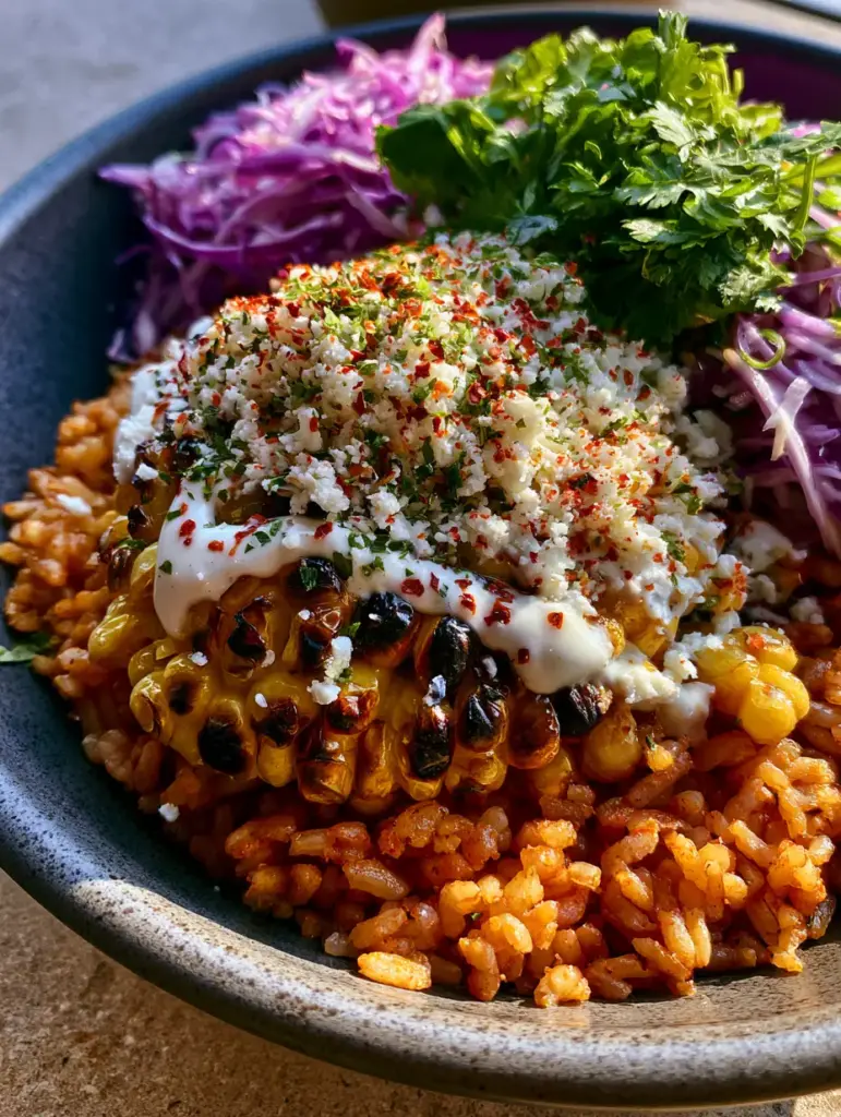 Finely shredded purple cabbage slaw nest served alongside Mexican red rice and lime wedges.
