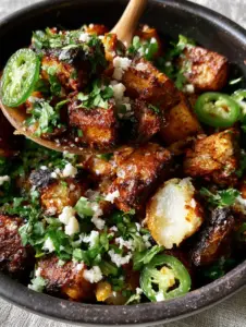 Macro top-down shot of charred Mexican Potatoes with visible taco seasoning and white queso fresco crumbles.