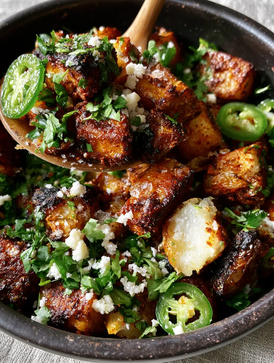 Macro top-down shot of charred Mexican Potatoes with visible taco seasoning and white queso fresco crumbles.