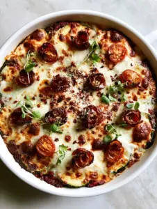 Smartphone photo of Zucchini Pizza Casserole with thick roasted zucchini and golden-brown blistered cheese spots.