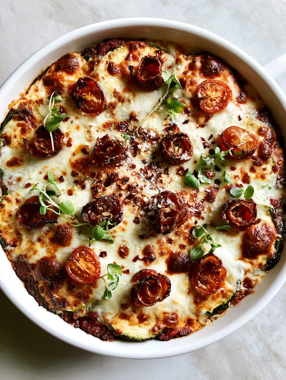 Smartphone photo of Zucchini Pizza Casserole with thick roasted zucchini and golden-brown blistered cheese spots.