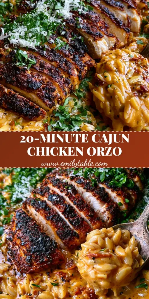 Cajun Chicken Alfredo Orzo: The Ultimate One-Skillet Creamy Comfort Meal 4 A close-up of a rustic spoon lifting a scoop of creamy Cajun chicken Alfredo orzo from a grey skillet, showing the orange sauce and blackened chicken.