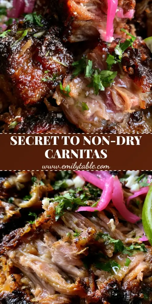 A close-up shot of Pork Carnitas in a cast iron skillet, featuring mahogany burnt ends, cilantro, and pickled red onions.