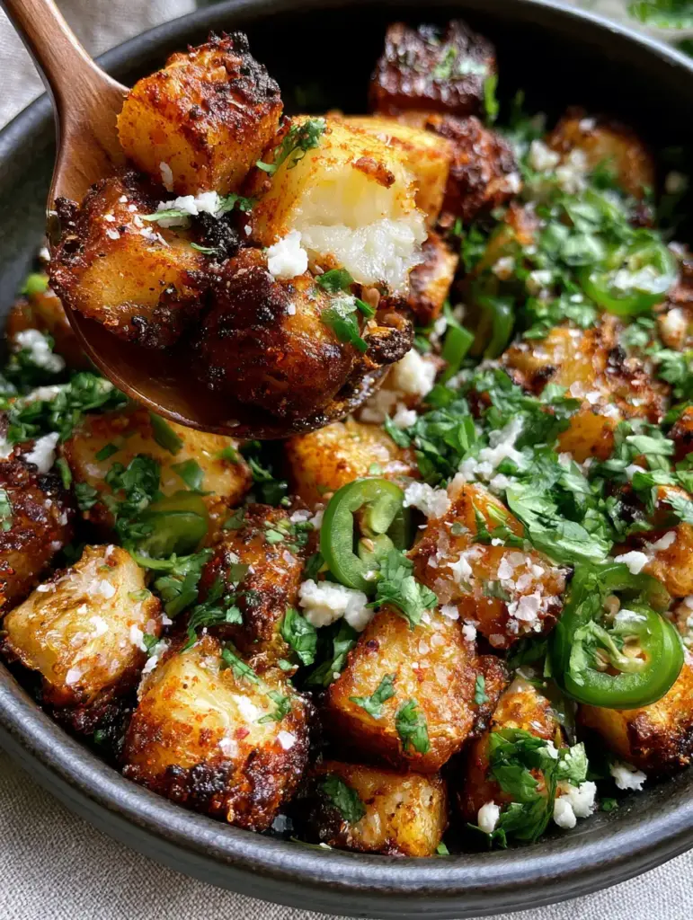 A wooden spoon lifting a cluster of Mexican Potatoes showing the fluffy white interior and crispy skin.