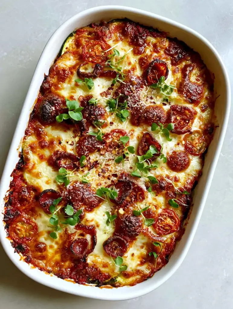 Close up of crispy pepperoni curls and roasted cherry tomatoes on top of a Zucchini Pizza Casserole.