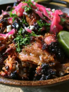 Macro photo of shredded Pork Carnitas with glistening pale pink interior fibers and deep caramelized edges.