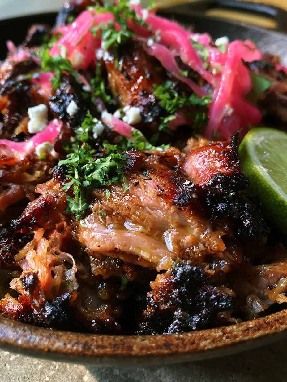 Macro photo of shredded Pork Carnitas with glistening pale pink interior fibers and deep caramelized edges.