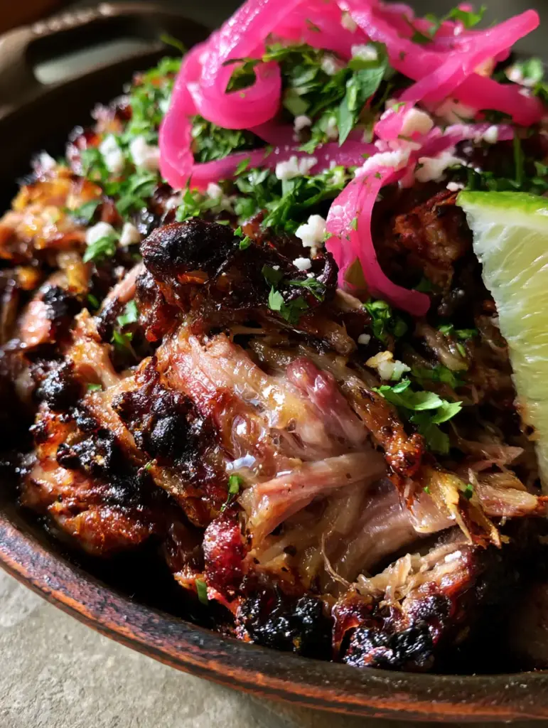 Smartphone photo of Pork Carnitas topped with white cotija cheese, pink pickled onions, and green cilantro.