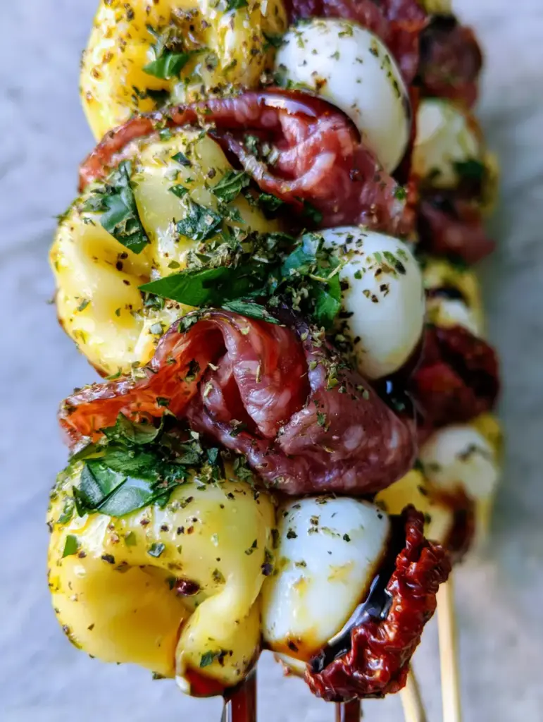 Handheld photo of Italian Antipasto Skewers showing the texture of folded salami and fresh basil.