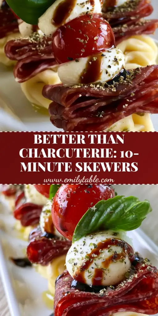 A vertical photo of gourmet Antipasto Skewers arranged on a white ceramic platter, featuring marinated tortellini, salami ribbons, mozzarella, and balsamic glaze.