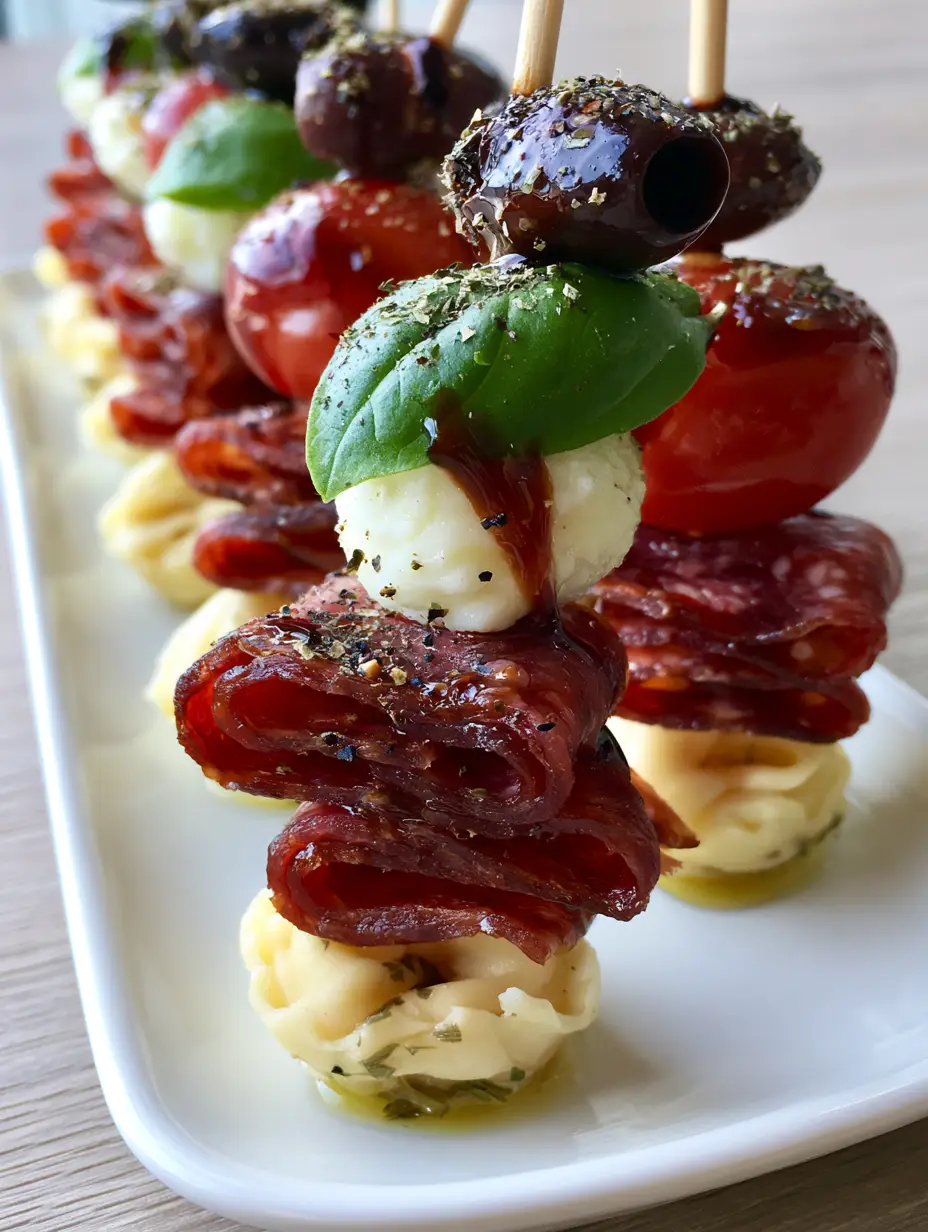 Close-up of Antipasto Skewers showing the mahogany balsamic glaze drizzle and herb-infused tortellini. (Antipasto Skewers)