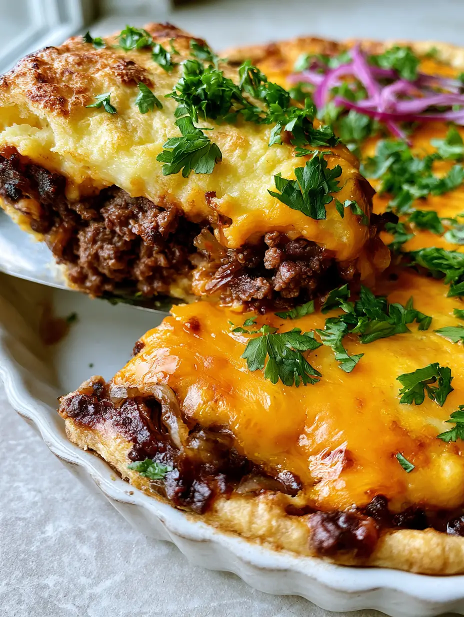 Close-up shot of a freshly baked Cheeseburger Pie in a white ceramic dish with parsley garnish. (Cheeseburger Pie recipe)