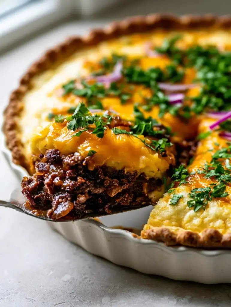Detailed view of the layered browned beef, caramelized onions, and melted cheese in a Cheeseburger Pie recipe.