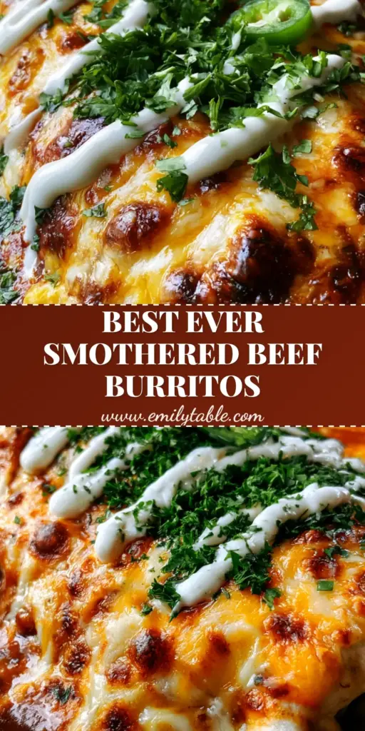 A top-down view of smothered burritos in a cast iron skillet, covered in red sauce and melted bubbling cheese with cilantro. (smothered burritos)