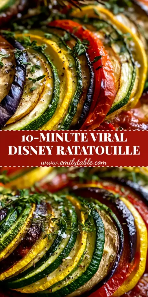A rustic sheet pan Ratatouille recipe featuring a tight spiral of thinly sliced zucchini, squash, and eggplant on a rich red sauce. (Ratatouille recipe)