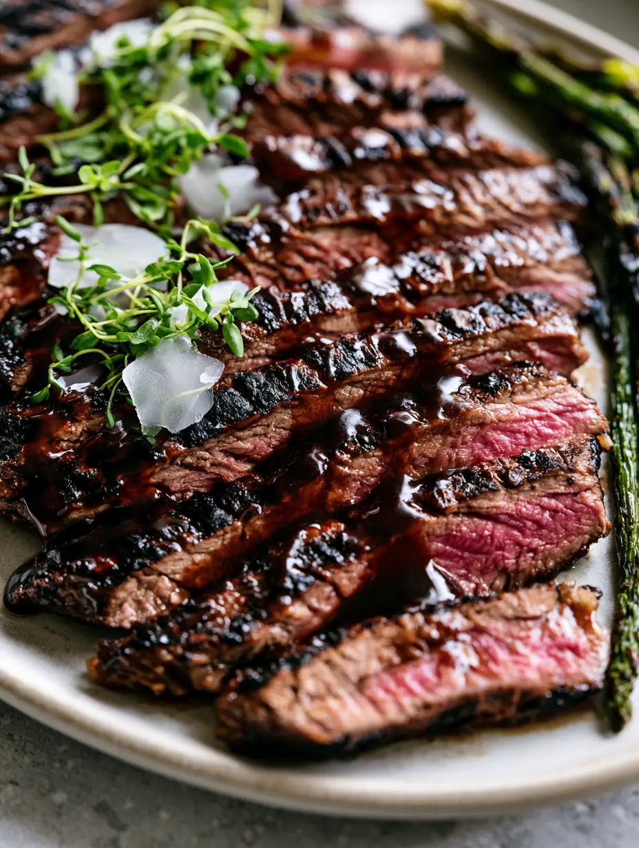 Balsamic Flank Steak with Glossy Mahogany Glaze and Blistered Asparagus 3 Top-down view of medium-rare Balsamic Flank Steak slices showing juicy pink centers and glossy dark glaze.
