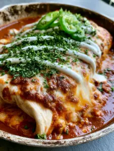 Close up shot of smothered burritos showing melted Monterey Jack and cheddar cheese with toasted brown spots. (smothered burritos)
