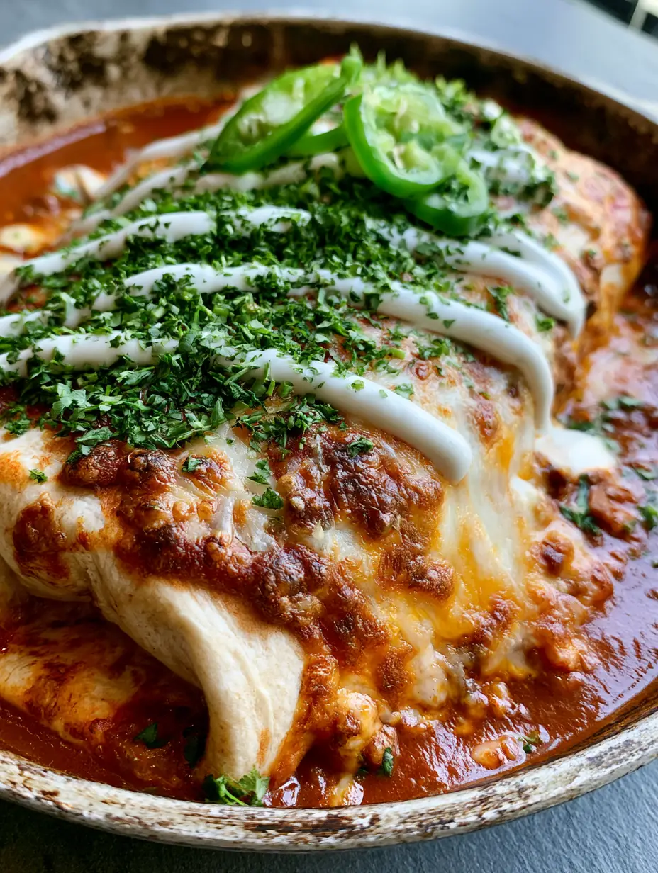 Close up shot of smothered burritos showing melted Monterey Jack and cheddar cheese with toasted brown spots. (smothered burritos)