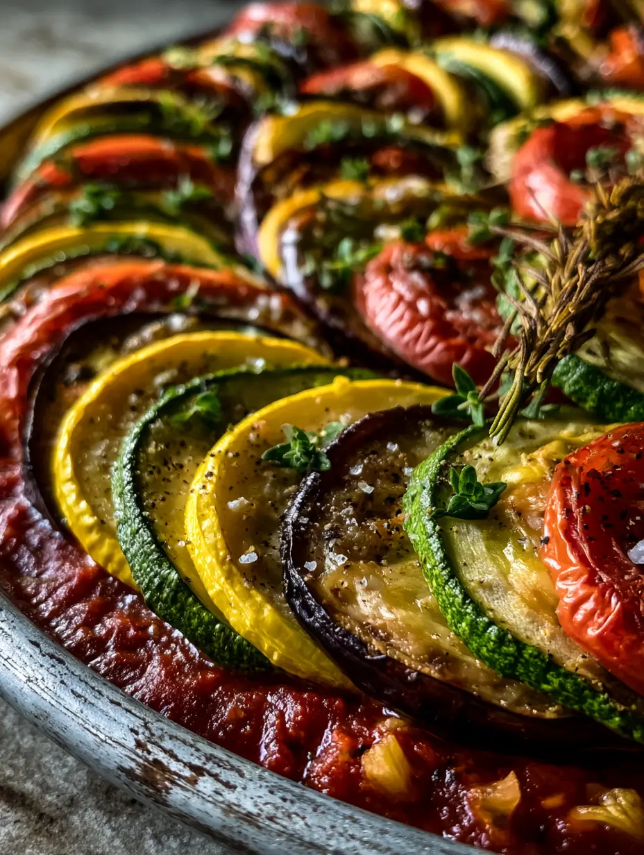 Extreme close-up of charred vegetable edges and fresh thyme on a Ratatouille recipe. (Ratatouille recipe)