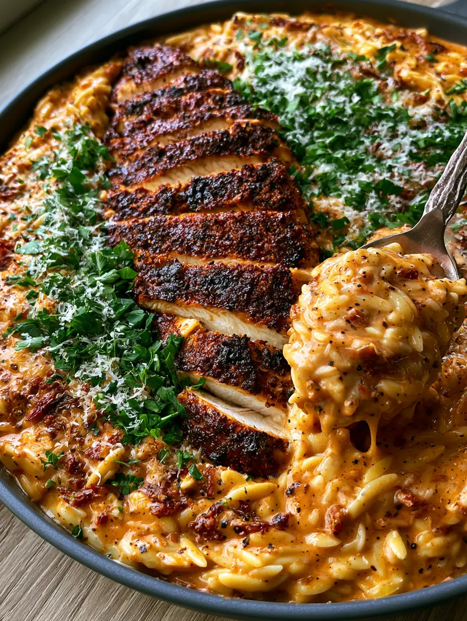 Cajun Chicken Alfredo Orzo: The Ultimate One-Skillet Creamy Comfort Meal 3 Top-down view of Cajun chicken Alfredo orzo in a charcoal skillet with sliced blackened chicken and fresh parsley garnish.