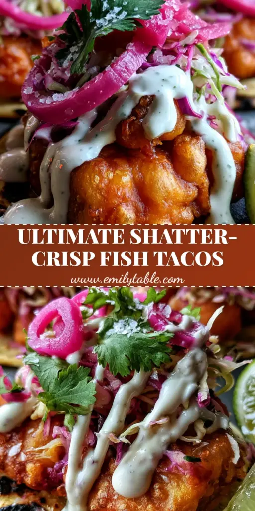Three authentic Baja Fish Tacos on a slate board featuring golden-brown beer-battered fish and vibrant pickled onions. (Baja Fish Tacos)