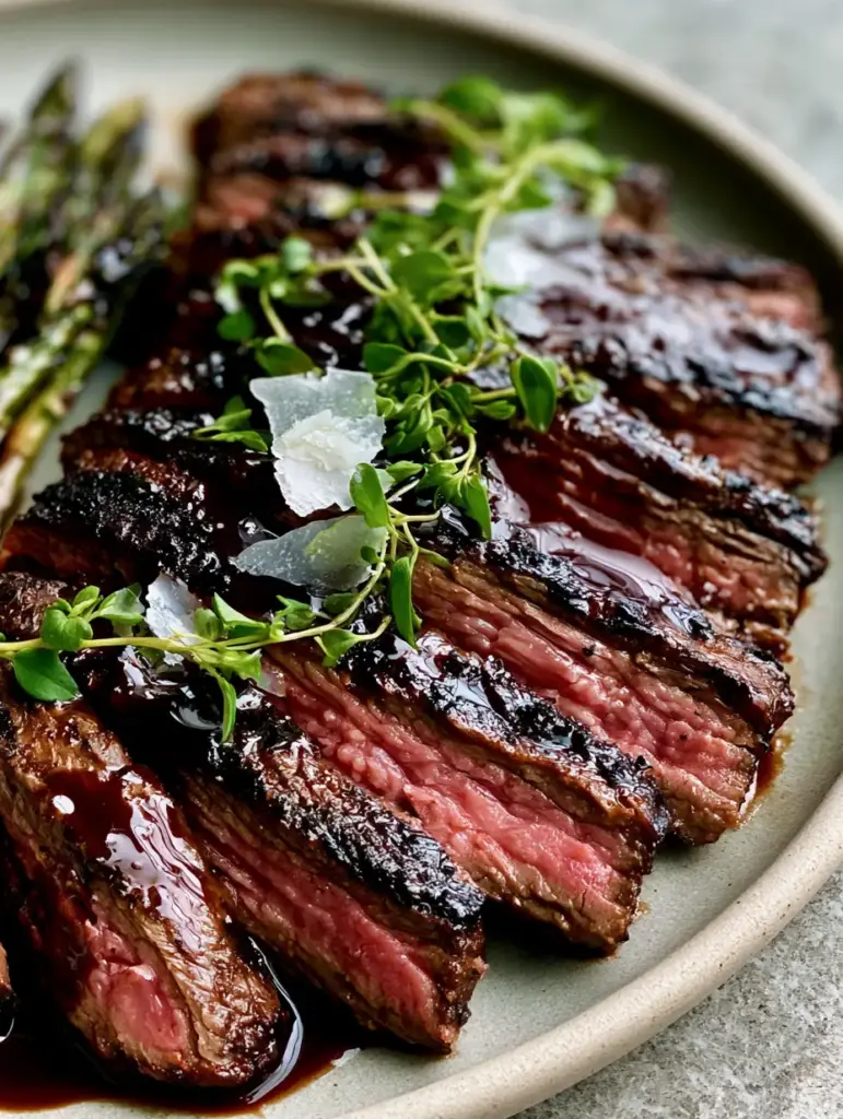Balsamic Flank Steak with Glossy Mahogany Glaze and Blistered Asparagus 1 Close-up of charred grill marks on Balsamic Flank Steak topped with translucent sea salt crystals and micro-thyme.