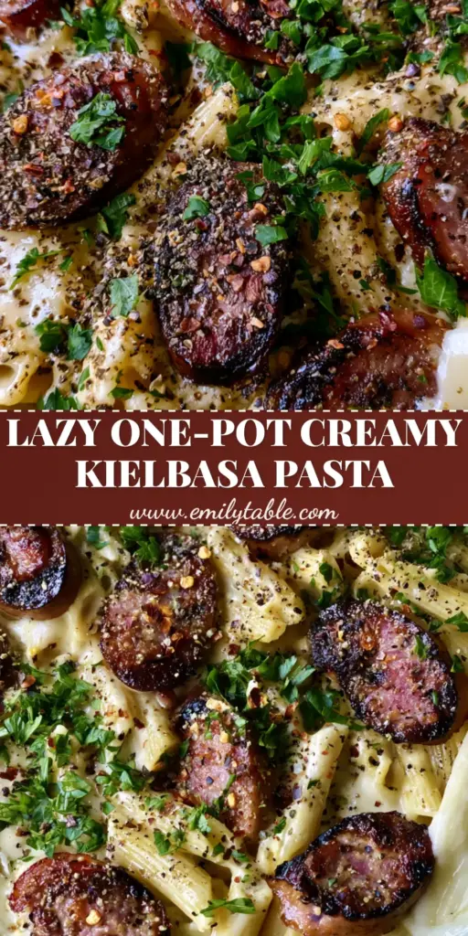 A top-down macro shot of Creamy Kielbasa Pasta in a black skillet with seared sausage and melted white cheddar.