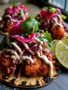 Extreme close-up of beer-battered white fish in a corn tortilla with visible airy bubbles in the crust. (Baja Fish Tacos)
