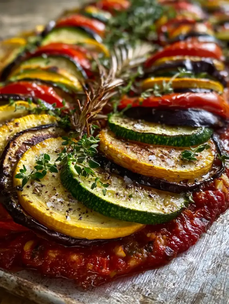 Overhead view of the colorful vegetable pattern in a sheet pan Ratatouille recipe.