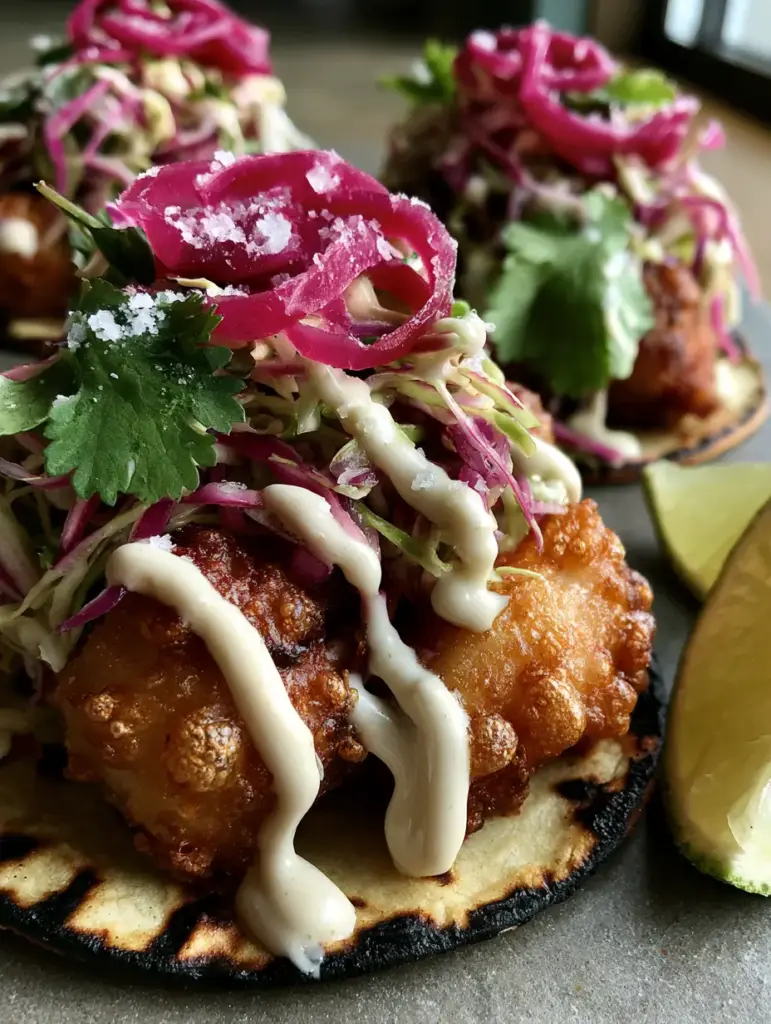 Handheld photo of a Baja fish taco showing charred tortilla edges and thick crema drizzle.
