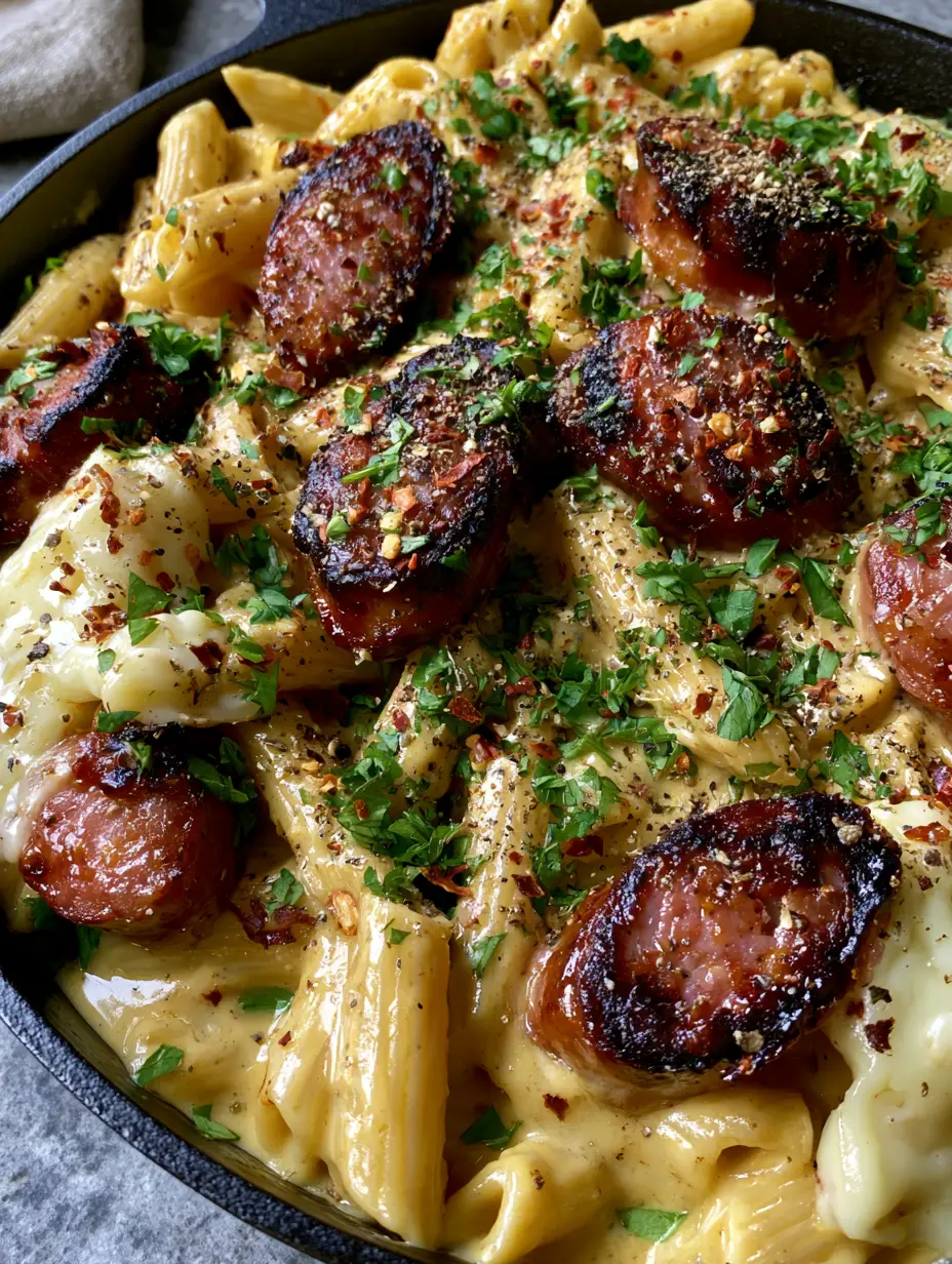 Close up of ridged penne drenched in glossy parmesan cream sauce with charred kielbasa. (Creamy Kielbasa Pasta)