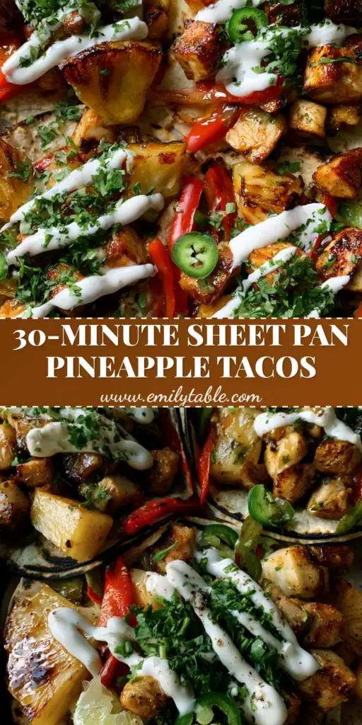 A top-down view of three pineapple chicken tacos on charred corn tortillas with glistening glazed chicken and caramelized pineapple. (pineapple chicken tacos)