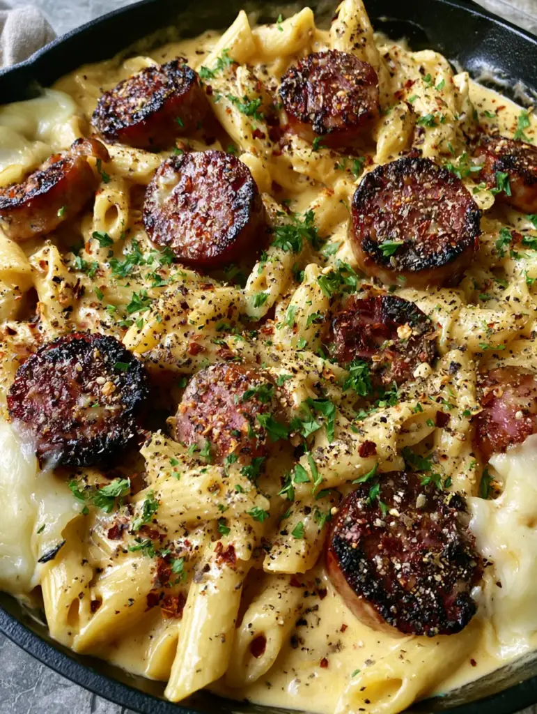 Overhead view of a cast iron skillet filled with Creamy Kielbasa Pasta garnished with parsley and pepper.