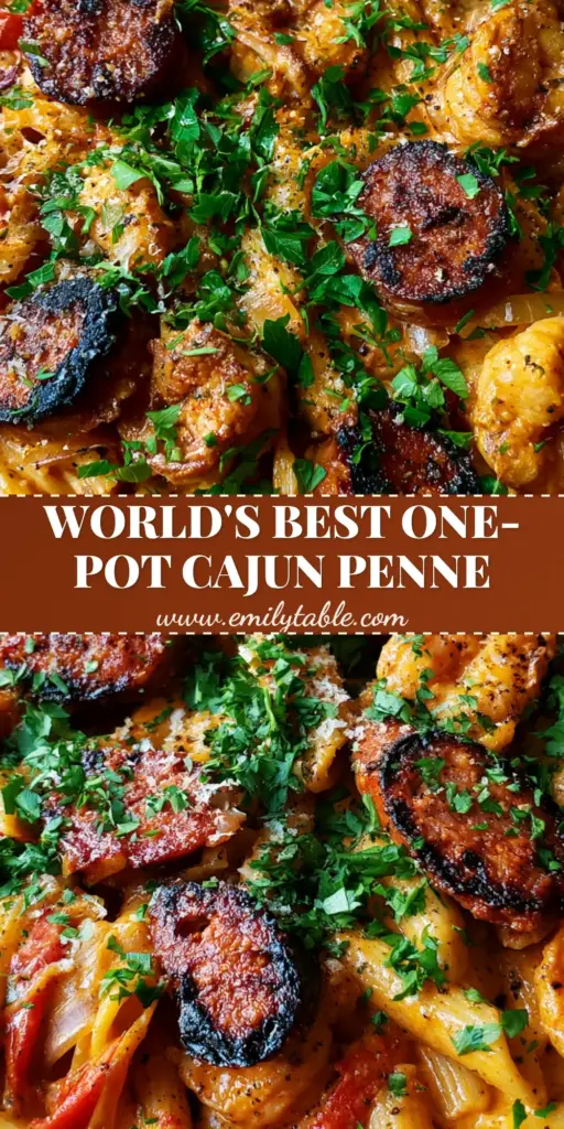 Top-down view of Creamy Cajun Penne in a black skillet featuring seared andouille sausage, shrimp, and a vibrant orange sauce.