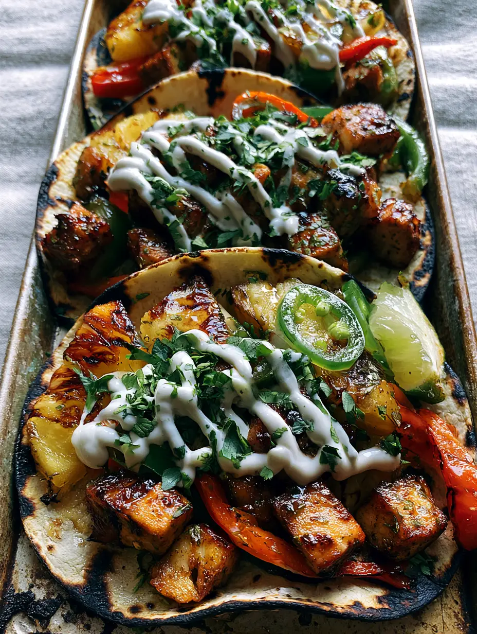 High-detail close-up of pineapple chicken tacos with blistered peppers and a lime crema drizzle on a rustic sheet pan. (pineapple chicken tacos)