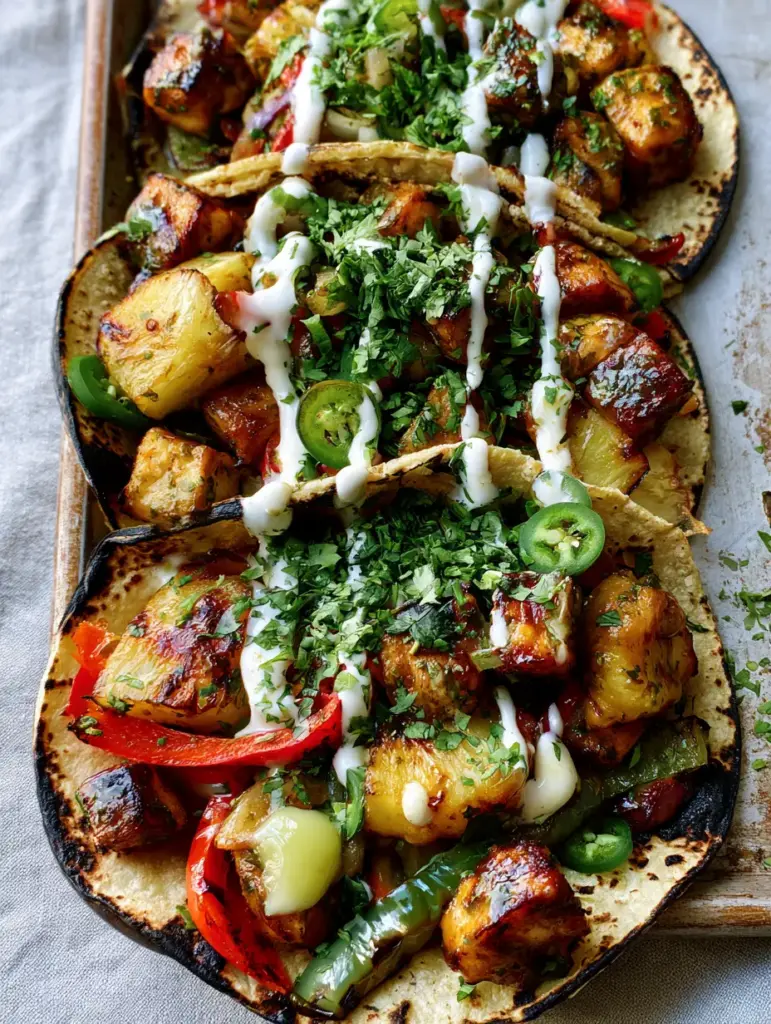 A top-down shot of glazed pineapple chicken tacos featuring charred tortillas and fresh cilantro garnishes.