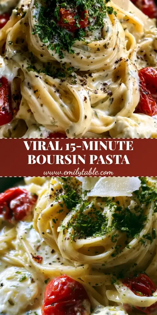 Boursin Cheese Pasta: The Ultimate Creamy 20-Minute Dinner 3 A top-down Pinterest-style view of boursin cheese pasta with vibrant blistered tomatoes and fresh herbs.