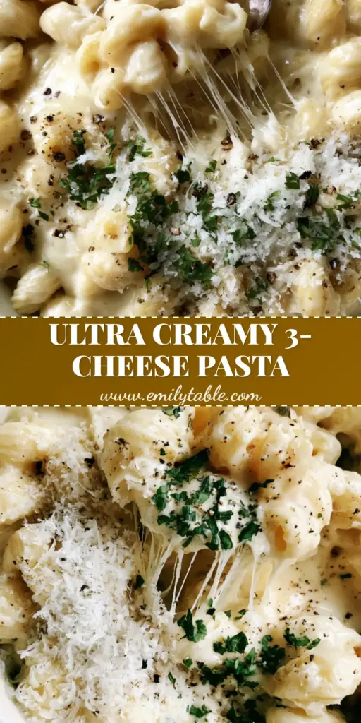 Overhead shot of creamy three-cheese pasta in a white pot with cavatappi noodles, melted Gruyère strings, and fresh parsley garnish.