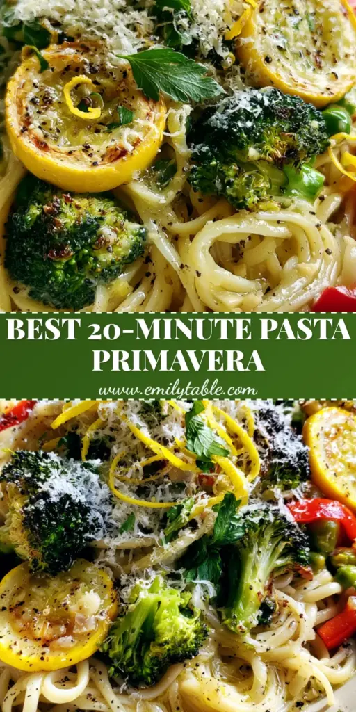 A close-up vertical shot of Pasta Primavera featuring linguine, charred broccoli, and lemon zest in a white bowl. (Pasta Primavera)