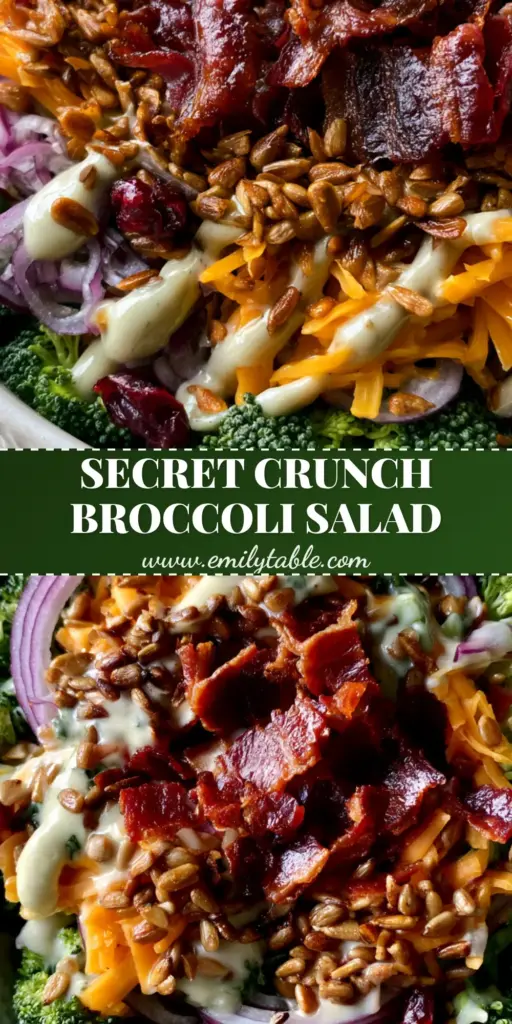 broccoli salad with Crispy Bacon and Sharp Cheddar 3 A gourmet broccoli salad in a white bowl featuring forest-green florets, orange cheddar, and crispy applewood bacon.