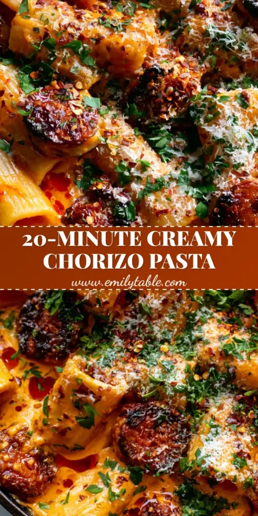 A close-up shot of Creamy Chorizo Pasta in a cast iron skillet featuring rigatoni, charred chorizo slices, and vibrant orange sauce.