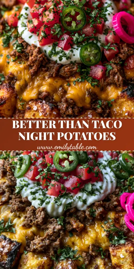 A rustic ceramic bowl featuring a Taco Loaded Potato Bowl with crispy charred potato cubes, seasoned beef, melted cheddar cheese, lime crema, and pickled red onions.