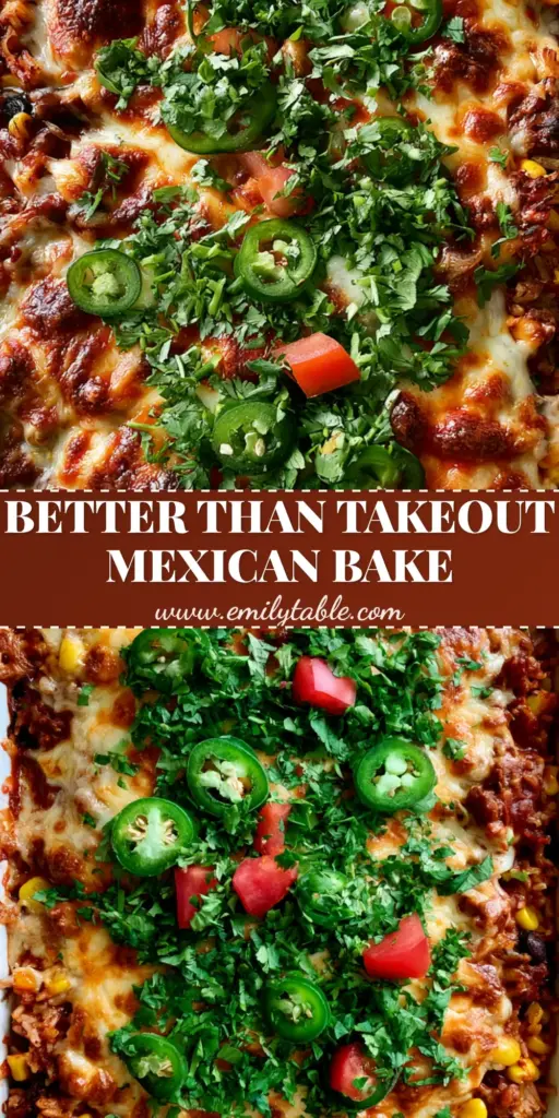 A top-down view of a Mexican Rice Casserole in a white dish, topped with bubbling cheese, jalapenos, and cilantro.