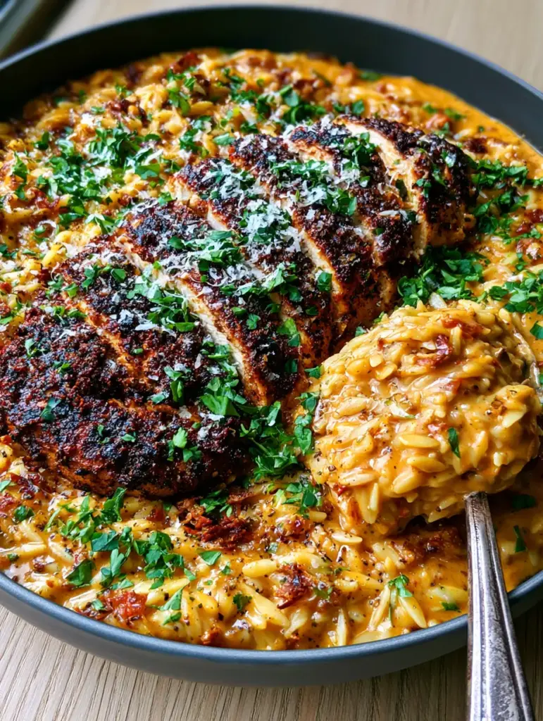 Cajun Chicken Alfredo Orzo: The Ultimate One-Skillet Creamy Comfort Meal 1 Slicing the blackened Cajun chicken breast to show the glistening white meat and dark spice crust.
