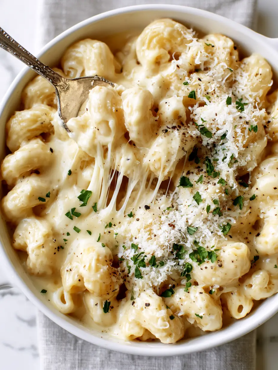 Close up of ridged cavatappi noodles coated in a thick ivory three-cheese pasta sauce with melted cheddar and gruyere.
