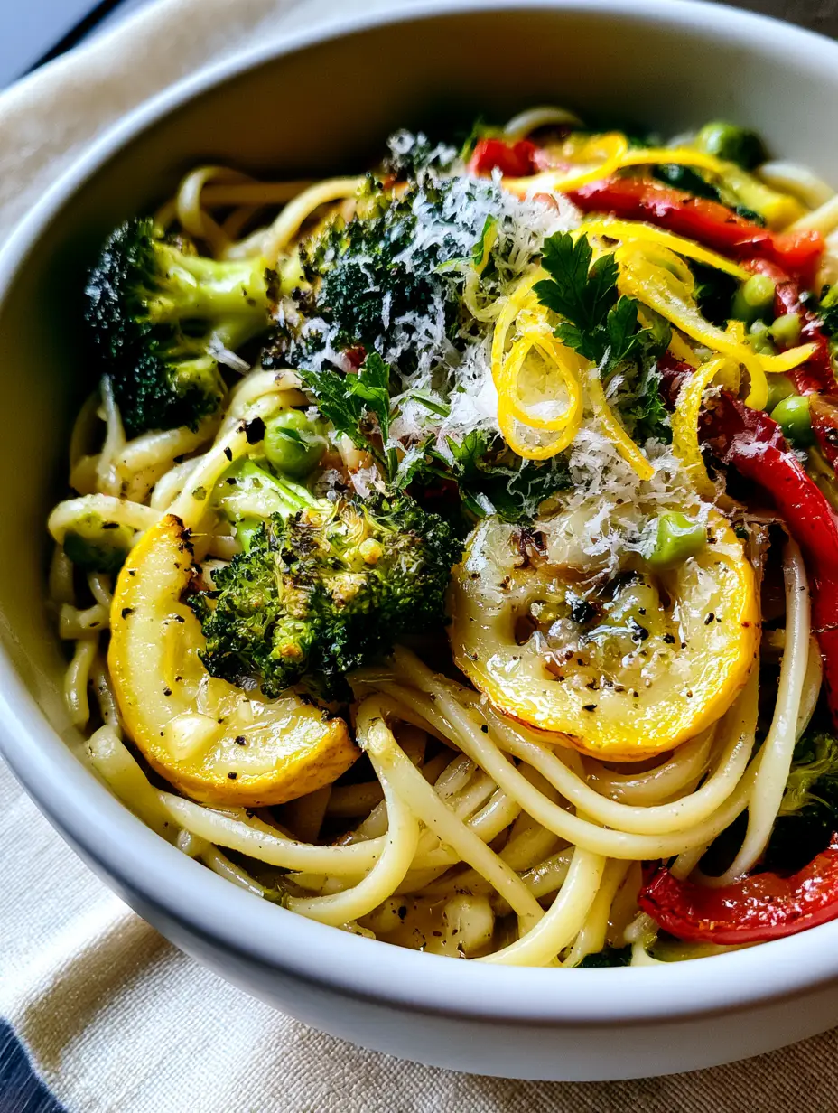 A macro photo of glossy Pasta Primavera with seared squash and cracked black pepper. (Pasta Primavera)
