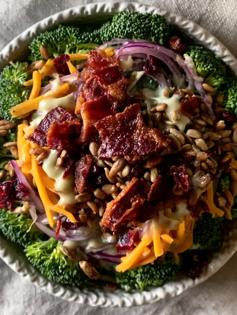 Macro shot of broccoli salad showing crisp florets, purple red onion crescents, and glossy white dressing.